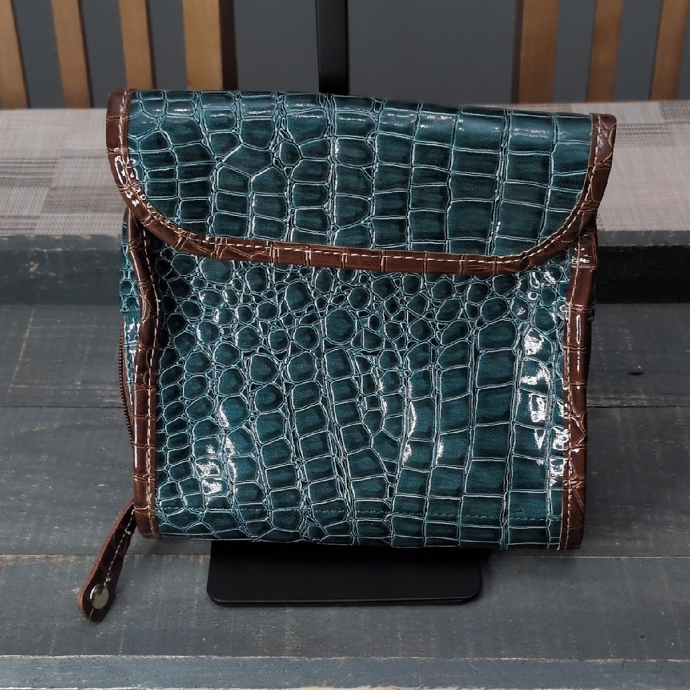 Teal Crocodile Embossed Travel Bag with Brown Accents